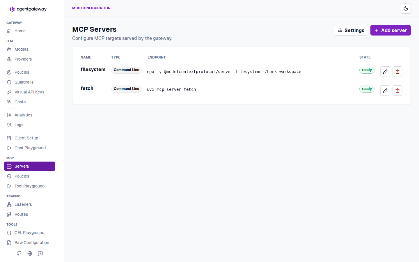 The MCP Servers view: the filesystem and fetch servers federated behind the gateway, both ready. The agent connects to this single endpoint; the gateway multiplexes the two servers behind it.