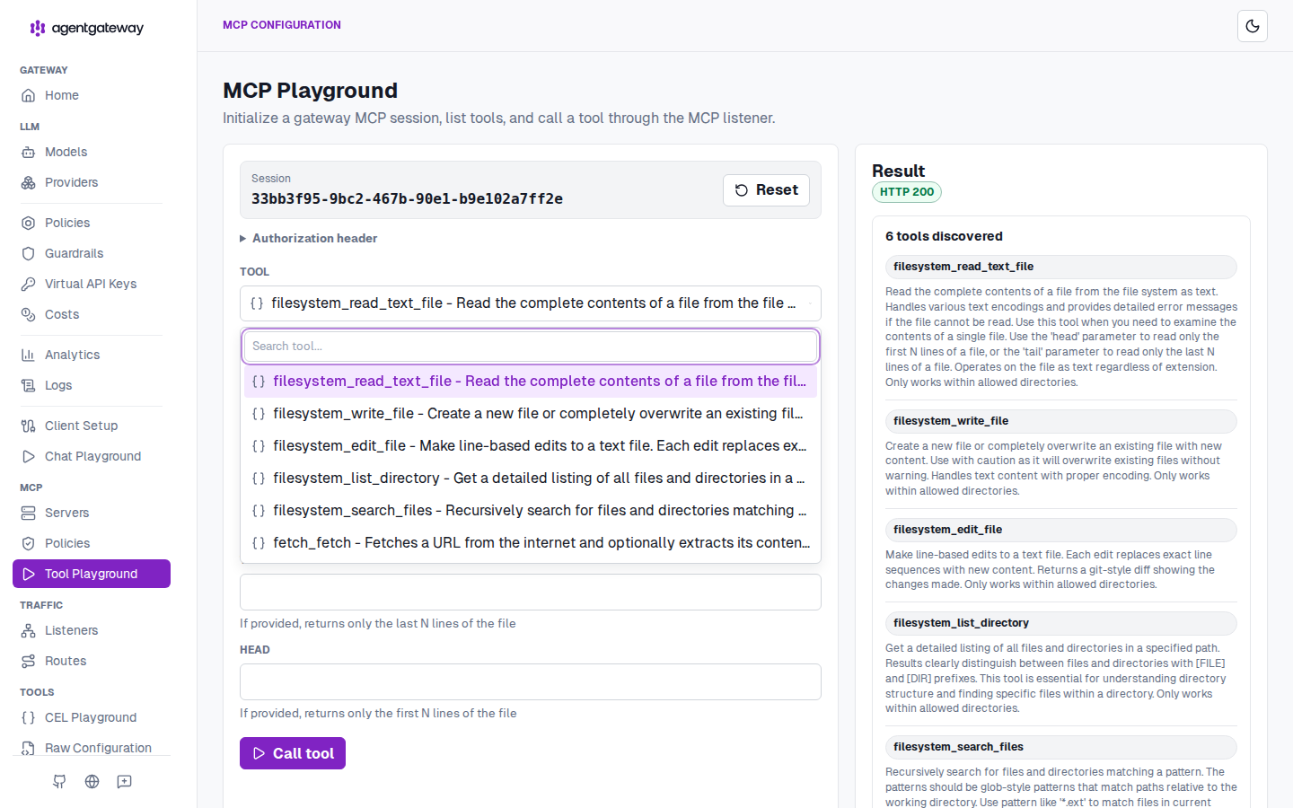 The gateway's Tool Playground, a session opened with the Goose's key: it discovers exactly six tools — read, write, and edit a file, list and search a directory, and fetch a URL — each namespaced by the server it came from. This is tiny-tools from the client's side of the wire.