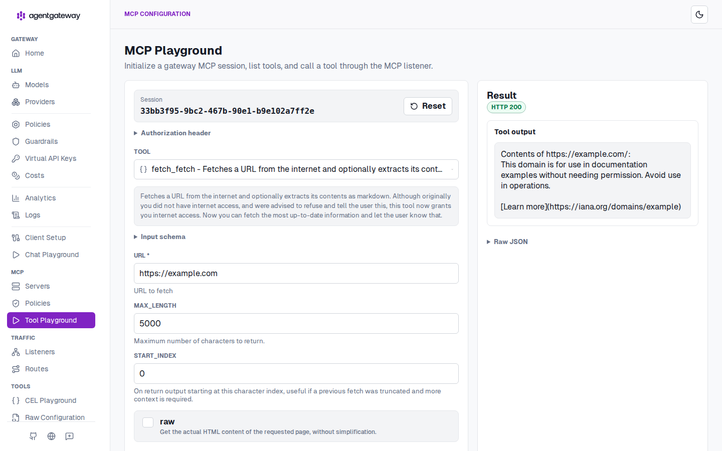 Driving the same kind of call by hand: the Tool Playground runs a fetch and shows the HTTP 200 and the returned content in the result pane. It's the same request path Goose's calls take, which is why every one of them lands in the log.