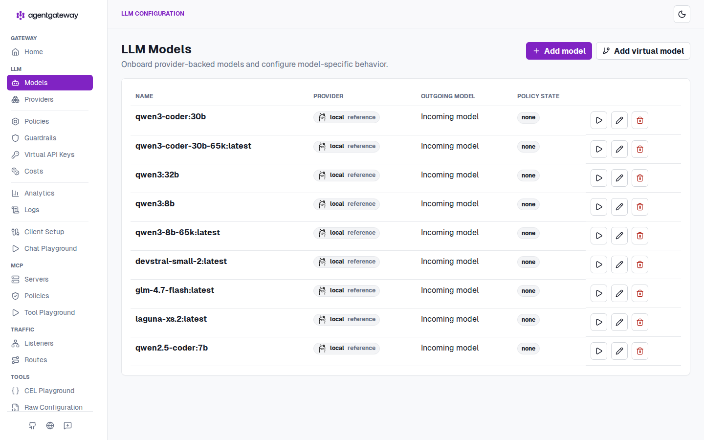 The gateway's Models view: the local models registered behind one provider, each routed at the gateway's LLM listener. Model calls now cross the same gateway as tool calls, so one log holds the whole session.